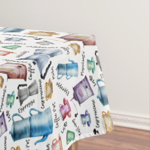 Watercolor coffee espresso cups, mugs pots pattern tablecloth