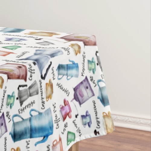 Watercolor coffee espresso cups mugs pots pattern tablecloth