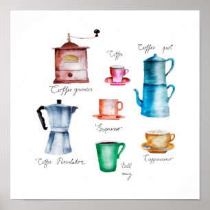 Watercolor Coffee Pot, Grinder, Cup, Mug, Moka Pot Poster