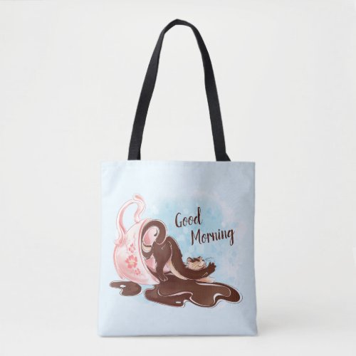 Watercolor Coffee Stretching Cat Tote Bag
