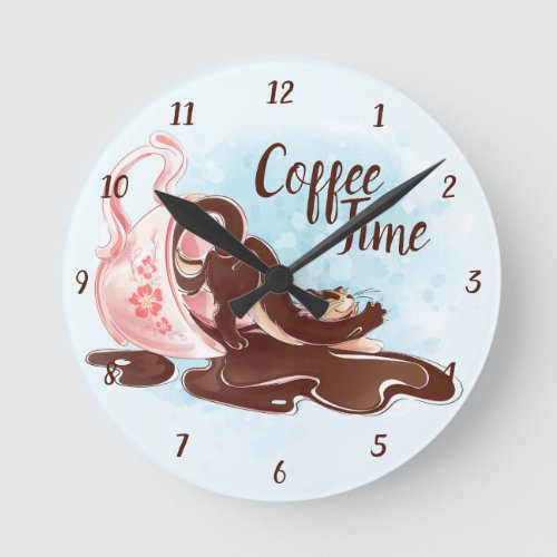 Watercolor Coffee Time Cat Round Clock