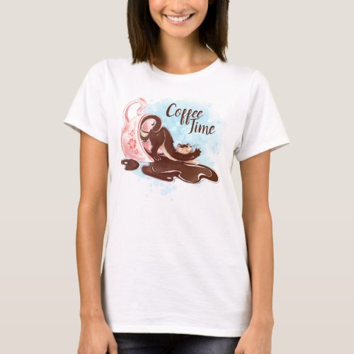 Watercolor Coffee Time Cat T_Shirt