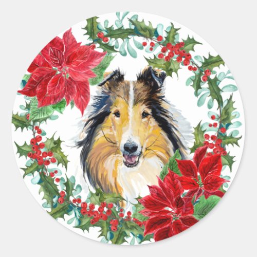 Watercolor Collie Dog Poinsettia Holiday Wreath Classic Round Sticker