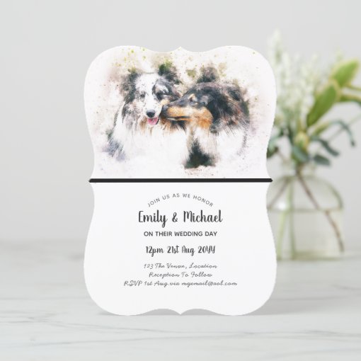 Watercolor Collie Dogs Wedding Invitations Elegant | Zazzle
