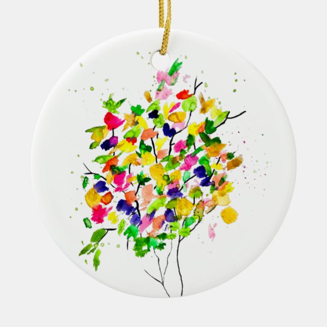 Watercolor colorful abstract tree ceramic ornament (Front)