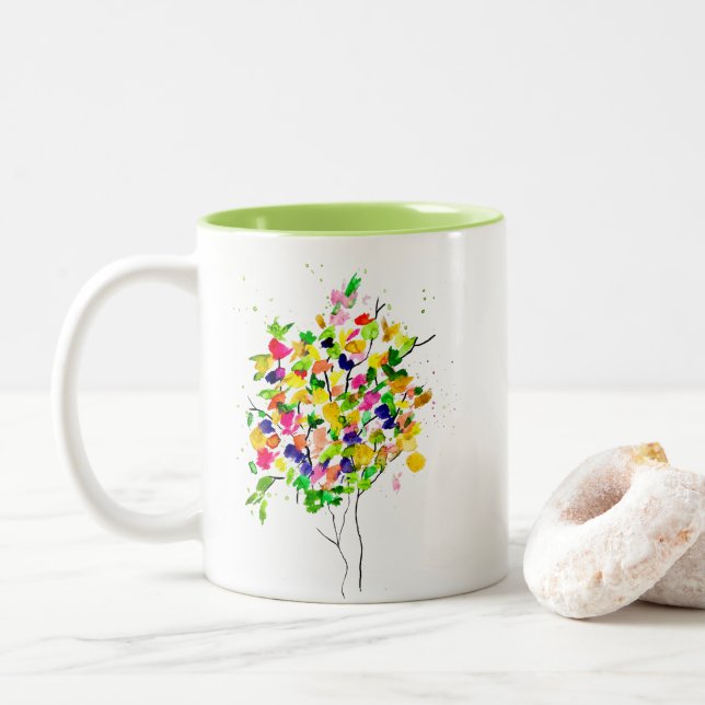 Watercolor colorful abstract tree Two-Tone coffee mug (With Donut)