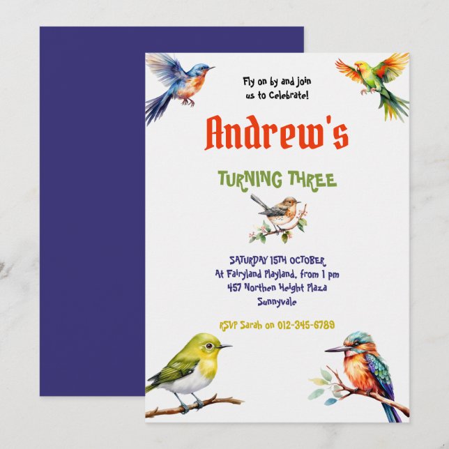 Watercolor Colorful Bird Birthday Party Invitation (Front/Back)