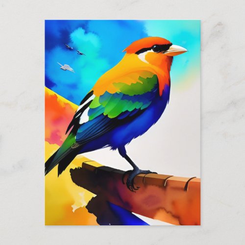 Watercolor colorful bird postcard