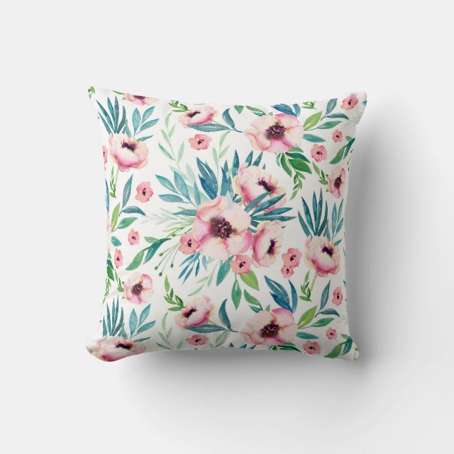 Watercolor Colorful Blossoms Throw Pillow (Front)