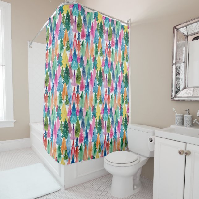 Watercolor Colorful Bright Rainbow Christmas Trees Shower Curtain (In Situ)