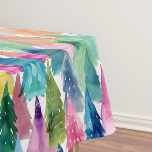 Watercolor Colorful Bright Rainbow Christmas Trees Tablecloth