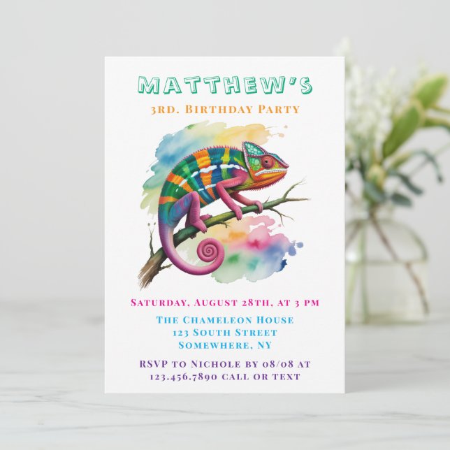 Watercolor Colorful Chameleon Birthday Party Invitation (Standing Front)