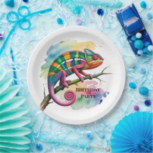 Watercolor Colorful Chameleon Birthday Party Paper Plates