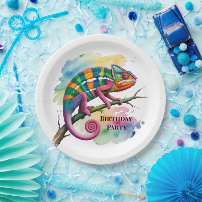 Watercolor Colorful Chameleon Birthday Party Paper Plates (Party)