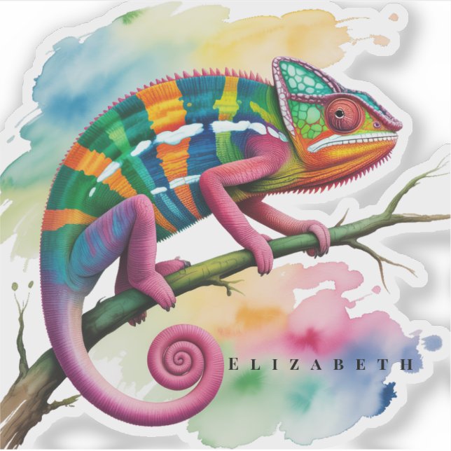 Watercolor Colorful Chameleon Birthday Party Sticker (Front)