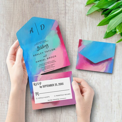 Watercolor colorful chic All in One Wedding Invite