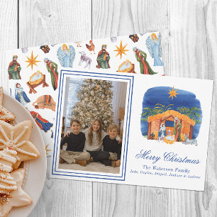 Watercolor Colorful Christmas Nativity Photo Holiday Card
