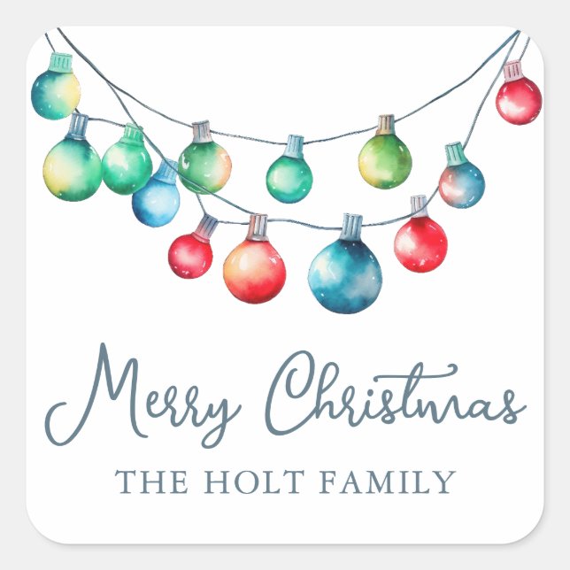 Watercolor Colorful Christmas String Lights Square Sticker (Front)