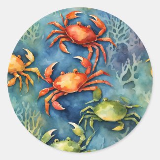 Watercolor Colorful Crabs & Sea Coral Coastal
