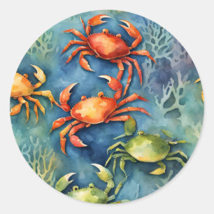 Watercolor Colorful Crabs & Sea Coral Coastal Classic Round Sticker