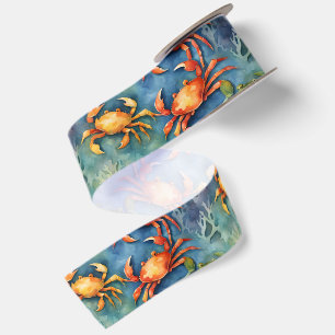 Watercolor Colorful Crabs & Sea Coral Coastal Satin Ribbon
