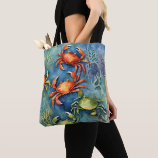 Watercolor Colorful Crabs & Sea Coral Coastal Tote Bag