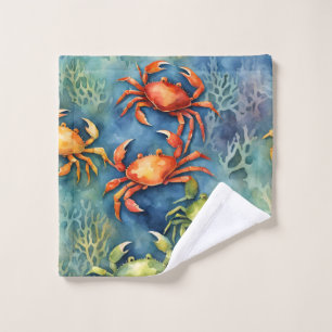 Watercolor Colorful Crabs & Sea Coral Coastal  Wash Cloth
