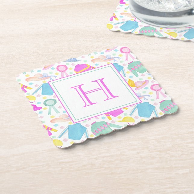 Watercolor Colorful Derby Jerseys & Hats Monogram Paper Coaster (Angled)
