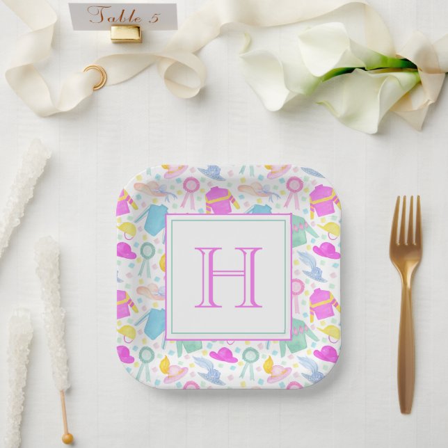 Watercolor Colorful Derby Jerseys & Hats Monogram Paper Plates (Wedding)