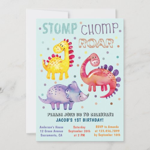 Watercolor Colorful Dinosaur First Birthday Party Invitation