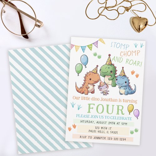 Watercolor colorful Dinosaurs boy birthday party Invitation