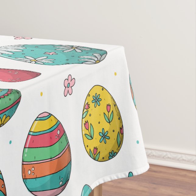 Watercolor Colorful Eggs Tulips Pattern Easter  Tablecloth (In Situ)