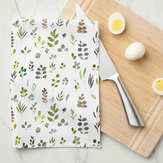 Watercolor Colorful Eucalyptus Leaves Pattern Kitchen Towel (Quarter Fold)