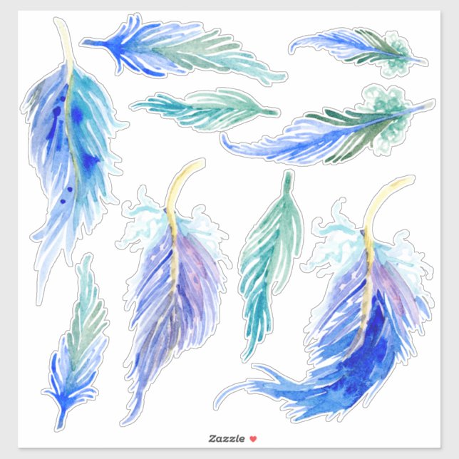 Watercolor Colorful Feather Aqua Blue Purple Green Sticker (Sheet)