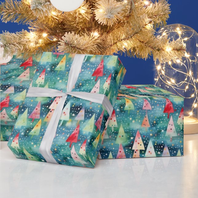 Watercolor Colorful Festive Rainbow Christmas Tree Wrapping Paper (Holidays)