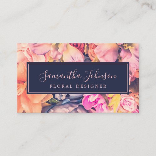 Watercolor Colorful Floral Botanical Navy Business Card
