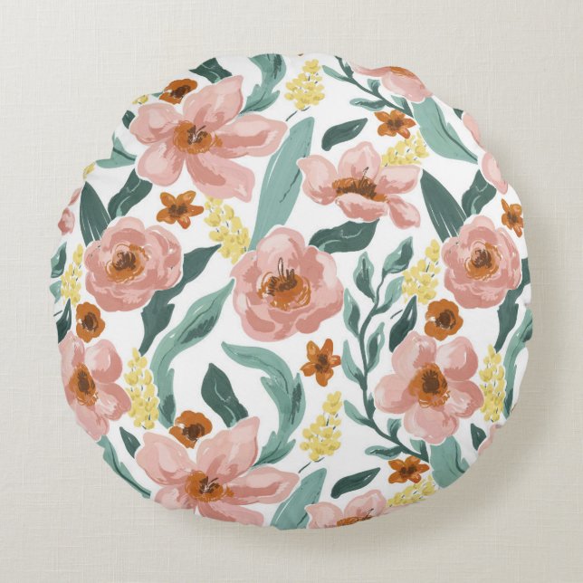 Watercolor Colorful Floral Round Pillow (Front)