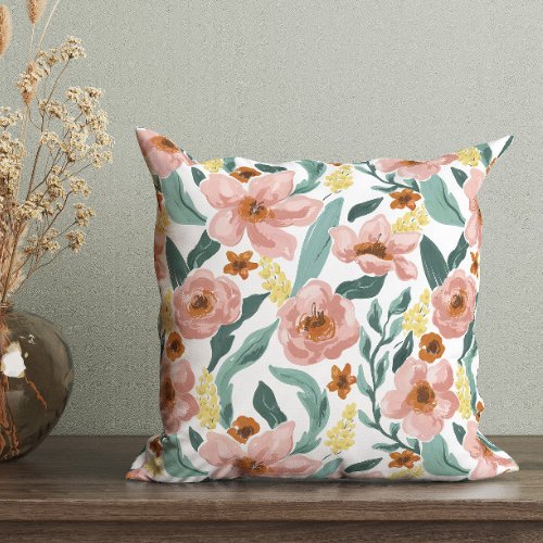 Watercolor Colorful Floral Throw Pillow