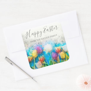Watercolor Colorful Floral Tulips Happy Easter Square Sticker