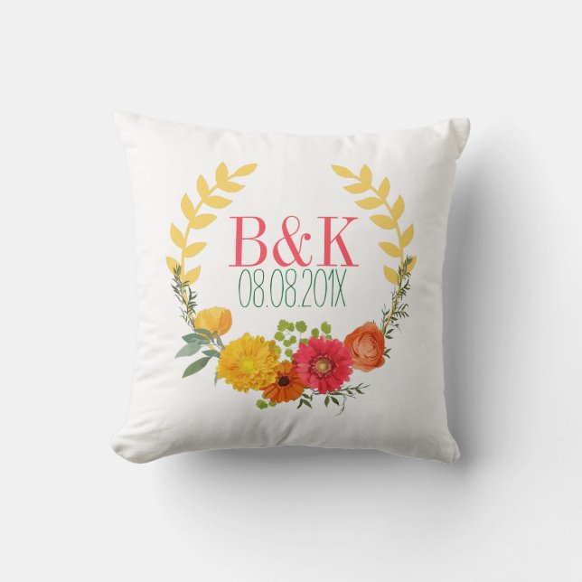 Watercolor Colorful Floral Wreath Throw Pillow (Front)