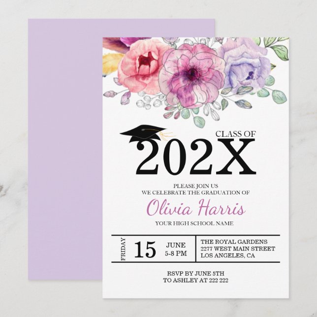 Watercolor Colorful Flowers Graduate Invitation (Front/Back)