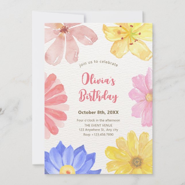 Watercolor colorful flowers invitation (Front)