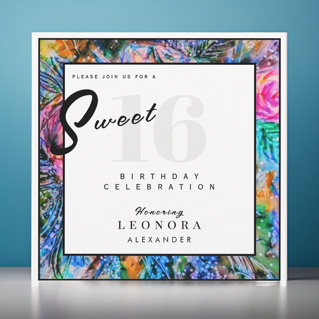 Watercolor Colorful Flowers Sweet Sixteen 16 Party Invitation (Creator Uploaded)