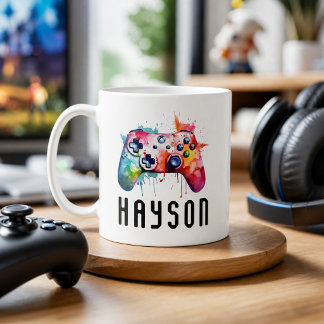 Watercolor Colorful Gamer Controller Kids Name Coffee Mug