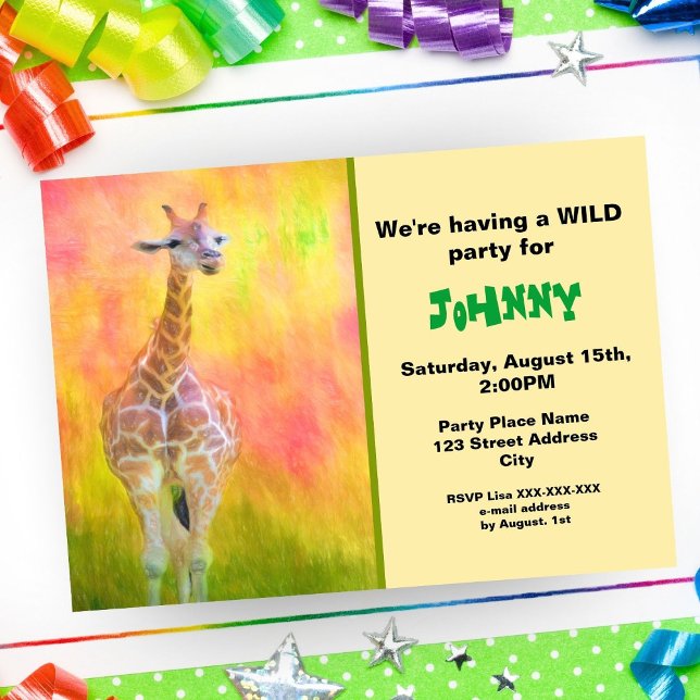 Watercolor Colorful Giraffe Birthday Invitation (Sweet invitation for some wild fun! )