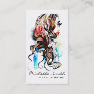 Watercolor colorful hairstyling wavy hair makeup business card