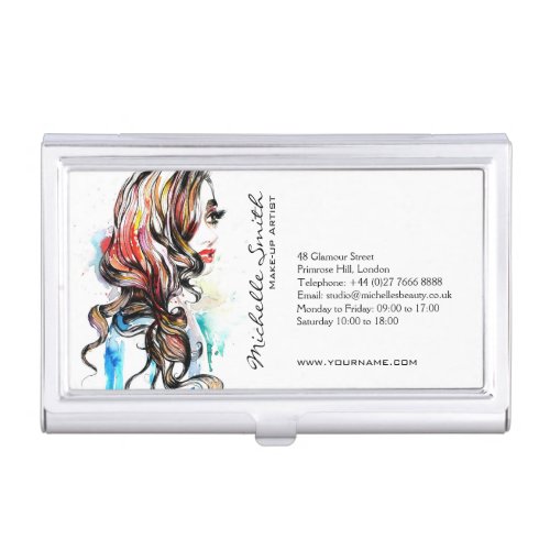 Watercolor colorful hairstyling wavy hair makeup business card case