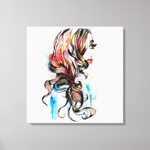 Watercolor colorful hairstyling wavy hair makeup canvas print