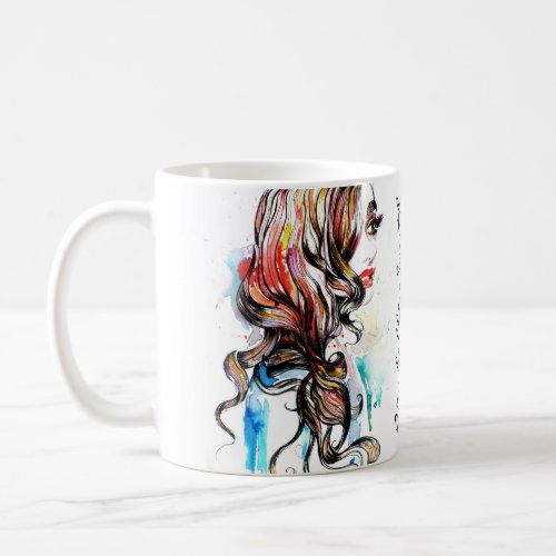 Watercolor colorful hairstyling wavy hair makeup coffee mug