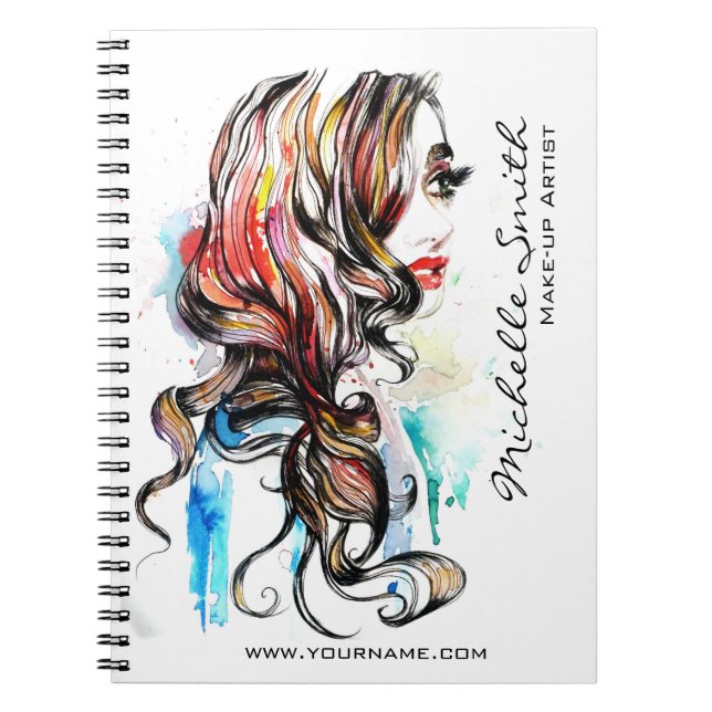 Watercolor colorful hairstyling wavy hair makeup notebook (Front)